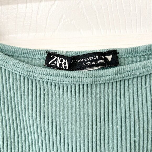 Zara Ribbed Knit Square Neck Crop Tank Top Sage Green/Blue Women’s Size M/L - Picture 3 of 4